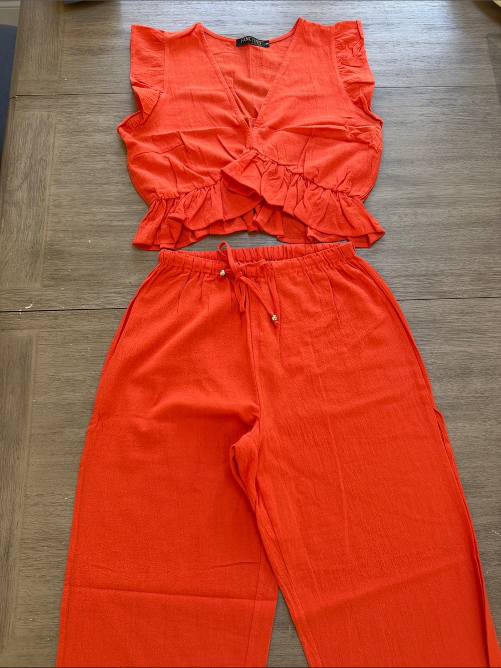Vibrant Orange Ruffle Cropped Tank & Wide-Leg Pants Set